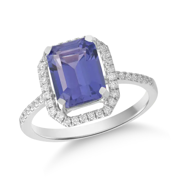 Inel din aur alb cu tanzanit octogonal de 1.9ct si diamante de 0.2ct