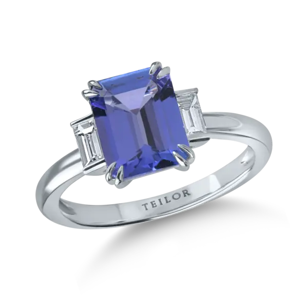 Inel din aur alb cu tanzanit octogonal de 2.1ct si diamante de 0.2ct