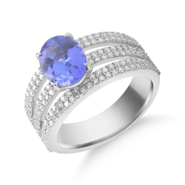 Inel din aur alb cu tanzanit oval de 2.09ct si diamante de 0.8ct