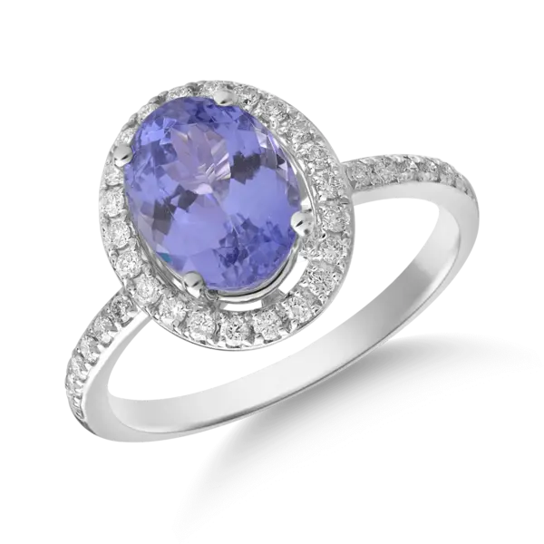 Inel din aur alb cu tanzanit oval de 2.1ct si diamante de 0.2ct