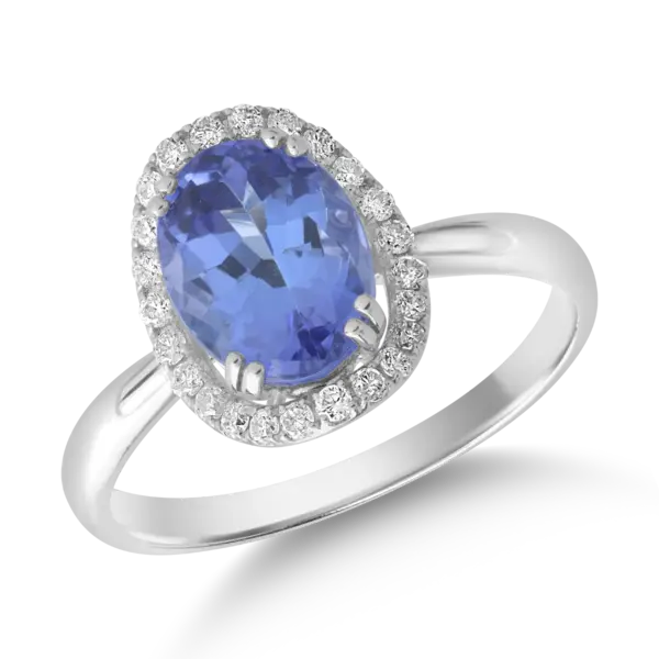 Inel din aur alb cu tanzanit oval de 2.2ct si diamante de 0.2ct
