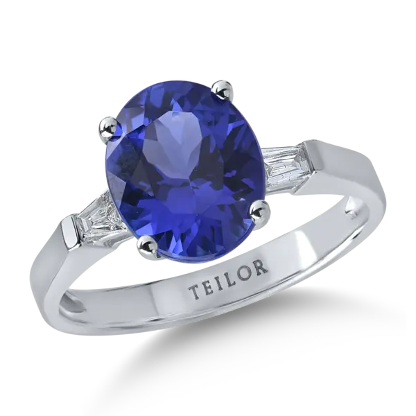 Inel din aur alb cu tanzanit oval de 2.6ct si diamante baguette de 0.1ct