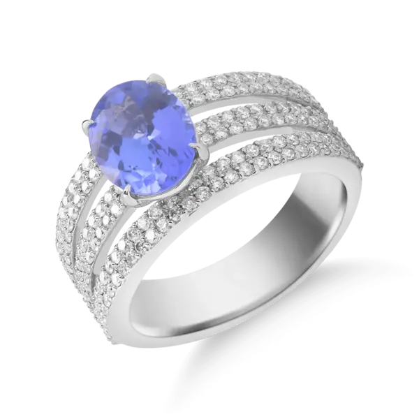 Inel din aur alb cu tanzanit oval de 2ct si diamante de 0.8ct