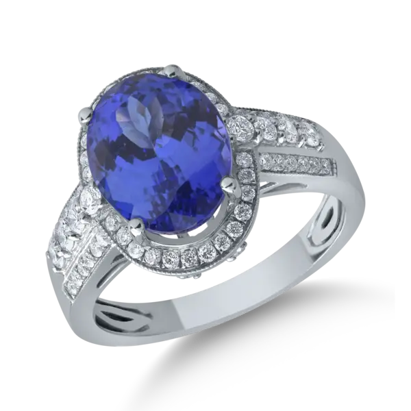 Inel din aur alb cu tanzanit oval de 4.1ct si diamante de 0.4ct