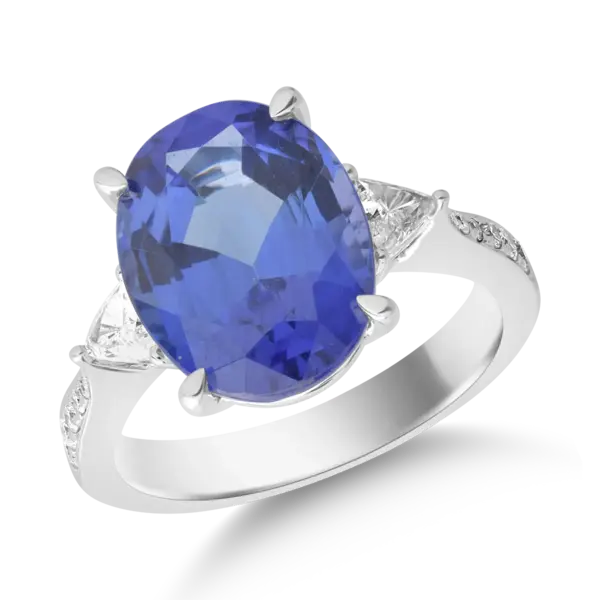 Inel din aur alb cu tanzanit oval de 6.5ct si diamante de 0.4ct