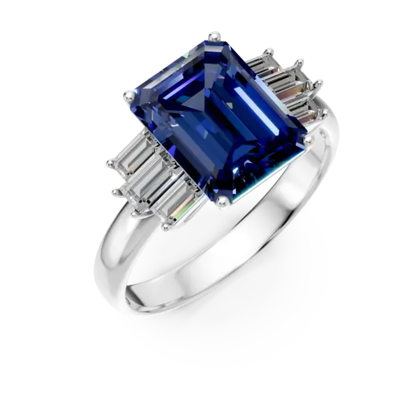 Inel din aur alb cu tanzanit rectangular de 3.9ct si diamante de 0.5ct