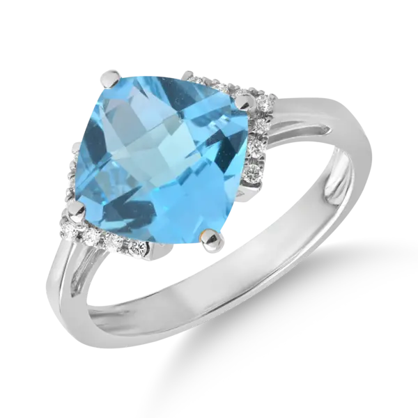 Inel din aur alb cu topaz albastru cushion de 3.6ct si diamante de 0.08ct