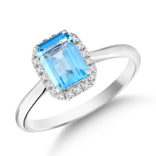 Inel din aur alb cu topaz albastru emerald de 1.1ct si diamante de 0.1ct