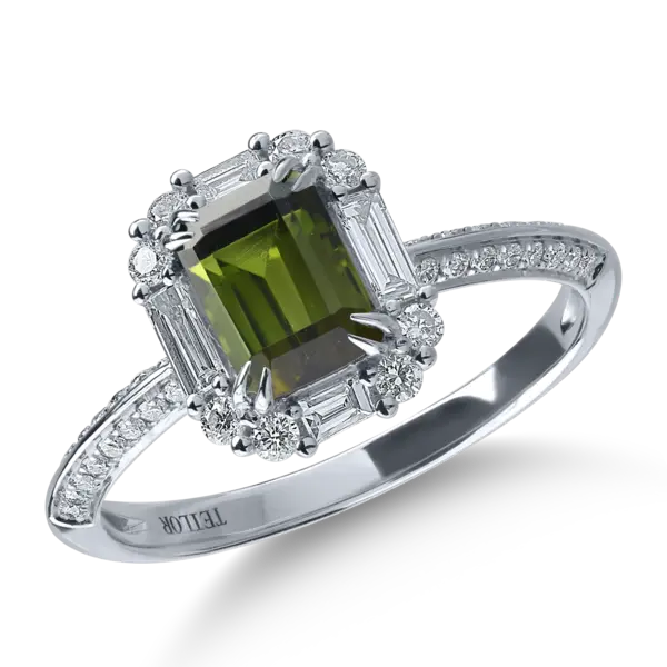 Inel din aur alb cu turmalina verde de 1.2ct si diamante de 0.4ct
