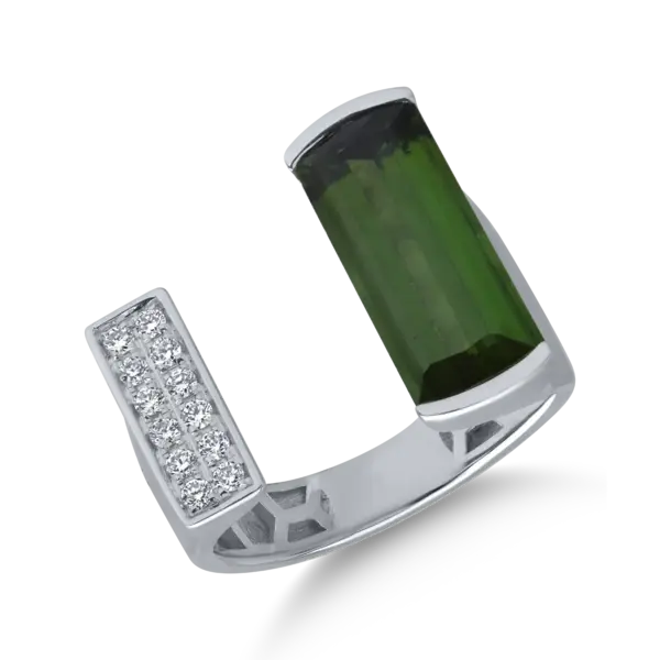 Inel din aur alb cu turmalina verde emerald de 4ct si diamante de 0.1ct