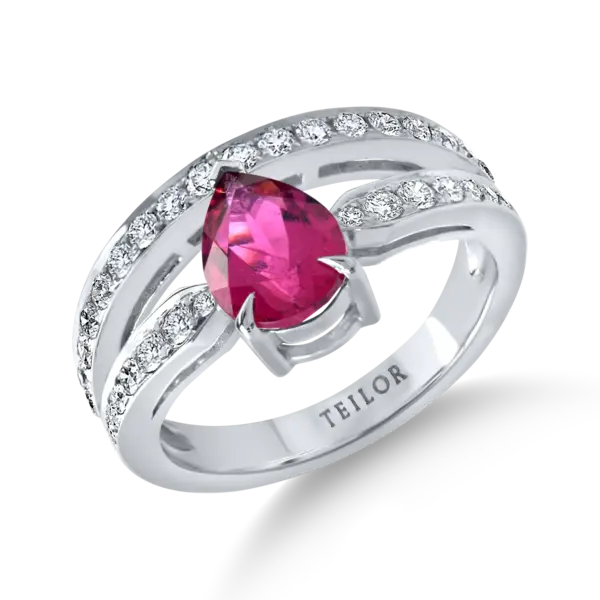 Inel din aur alb cu un rubelit pear si diamante de 1.8ct
