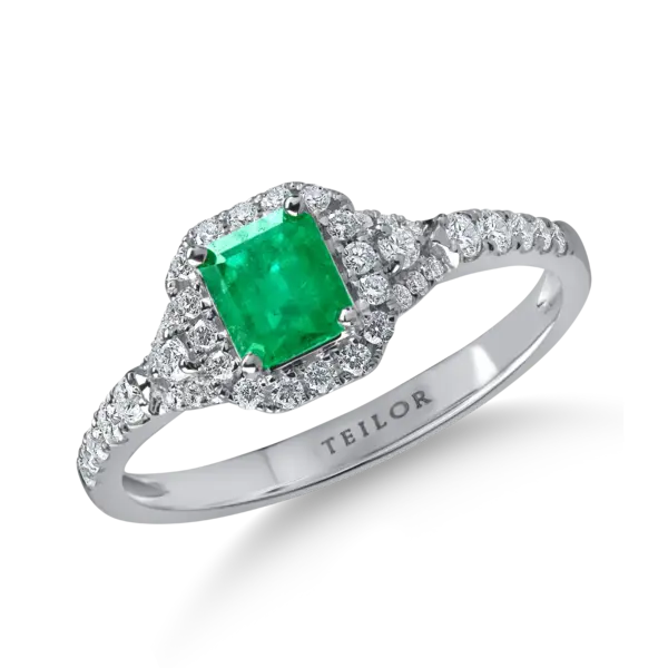 Inel din aur alb cu un smarald rectangular de 0.4ct si diamante pave de 0.3ct