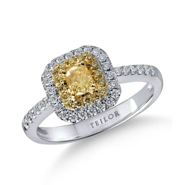 Inel din aur alb-galben cu diamante galbene cushion si rotunde si diamante incolore de 0.7ct