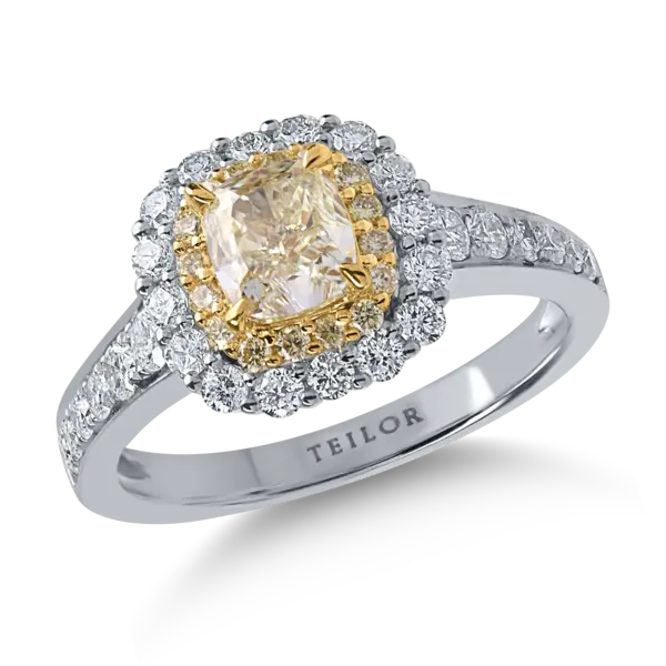 Inel din aur alb-galben cu diamante galbene cushion si rotunde si diamante incolore de 2.23ct