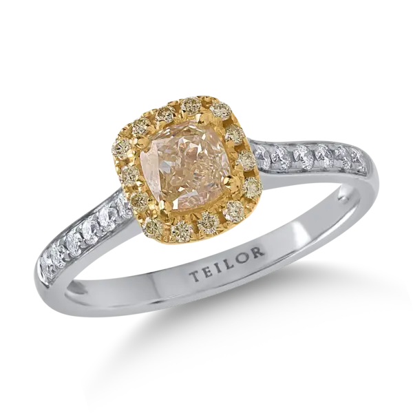 Inel din aur alb-galben cu diamante galbene cushion si rotunde de 0.81ct si diamante transparente de 0.16ct