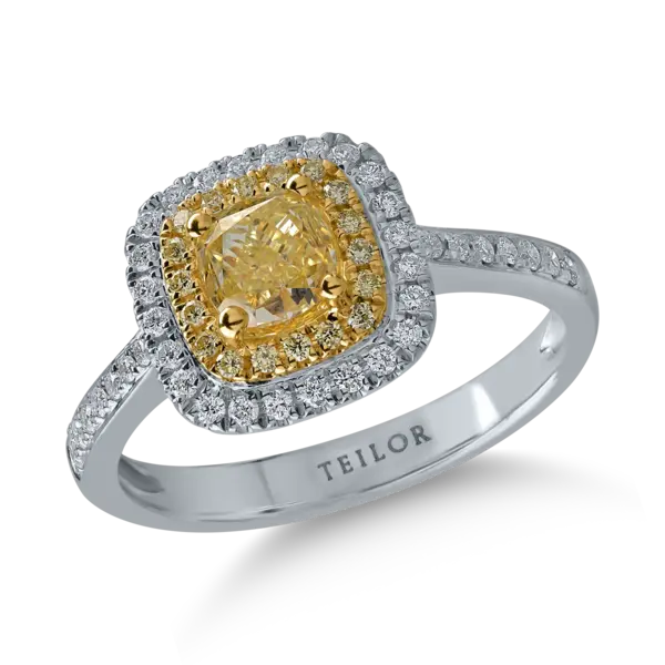 Inel din aur alb-galben cu diamante galbene cushion si rotunde de 1.11ct si diamante transparente de 0.24ct