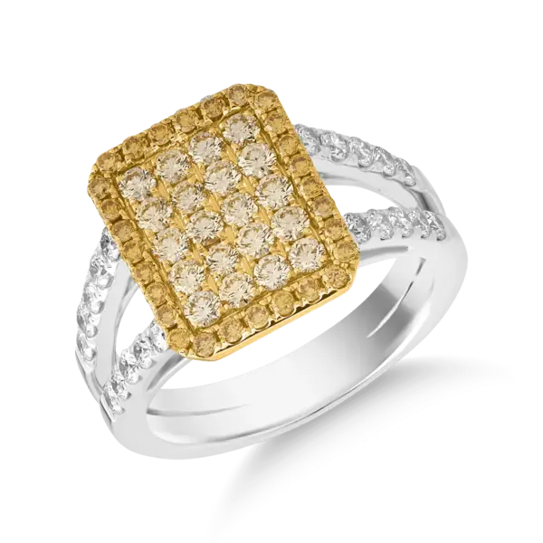 Inel din aur alb-galben cu diamante galbene de 0.85ct si diamante transparente de 0.50ct