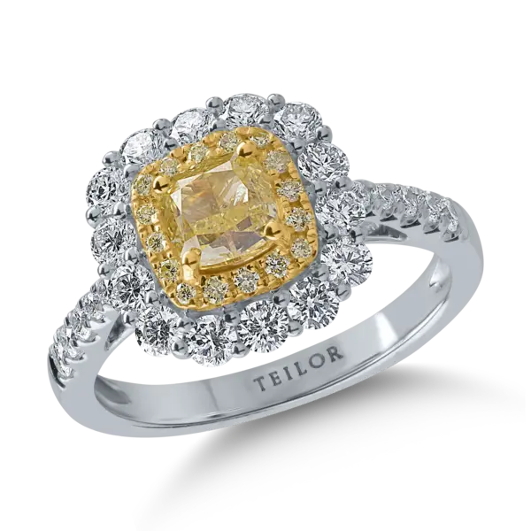 Inel din aur alb-galben cu diamante galbene de 1.12ct si diamante transparente de 0.88ct