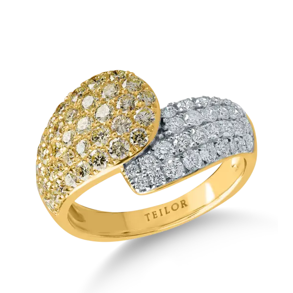 Inel din aur alb-galben cu diamante galbene de 1ct si diamante incolore de 0.5ct