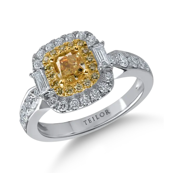 Inel din aur alb-galben cu diamante galbene rectangulare si rotunde si diamante incolore baguette si rotunde de 1.5ct