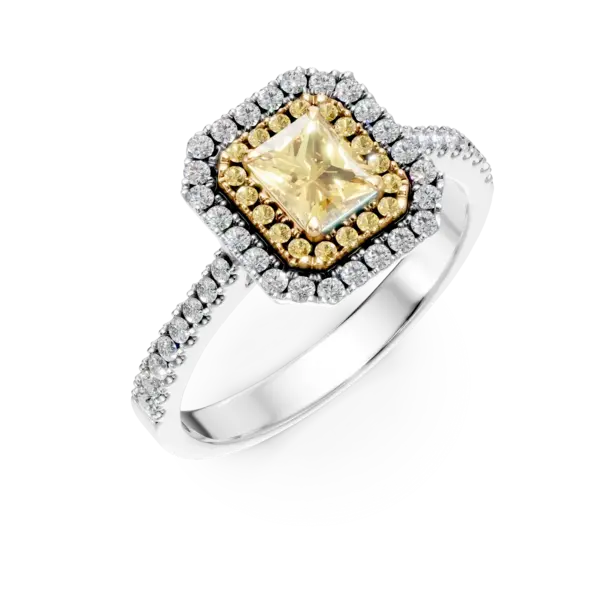 Inel din aur alb-galben cu diamante galbene rectangulare si rotunde de 0.91ct si diamante de 0.28ct