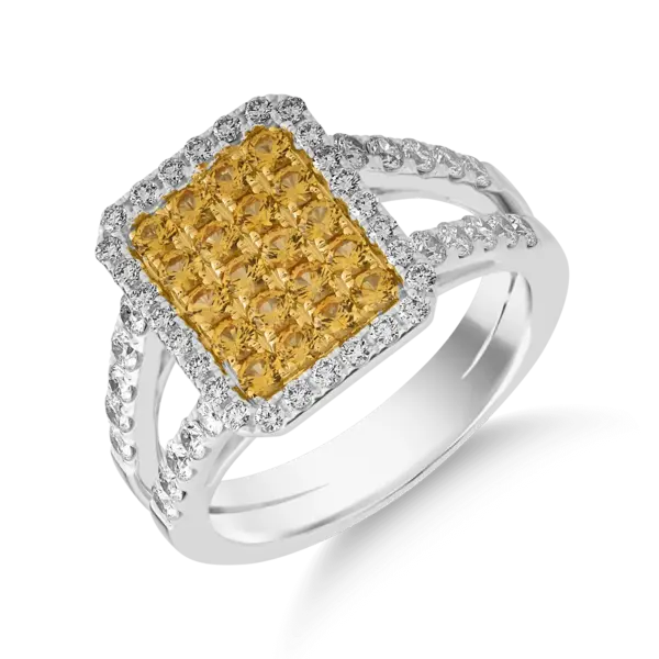 Inel din aur alb-galben cu safire galbene de 0.67ct si diamante de 0.69ct
