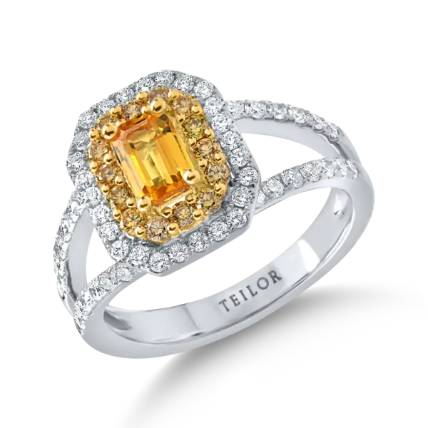 Inel din aur alb-galben cu un safir galben octogonal de 0.6ct si diamante de 0.7ct