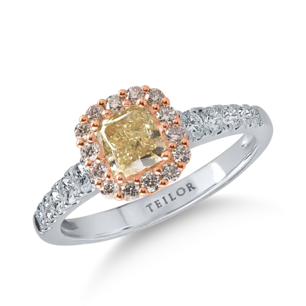 Inel din aur alb-roz cu diamant galben cushion de 0.72ct si diamante roz si incolore de 0.54ct