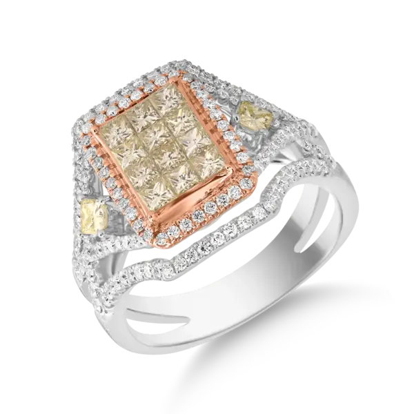 Inel din aur alb-roz cu diamante galbene princess de 0.8ct si diamante transparente de 0.6ct