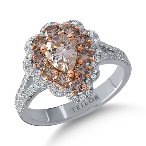 Inel din aur alb-roz cu diamante maro pear si rotunde de 1.72ct si diamante transparente de 0.41ct