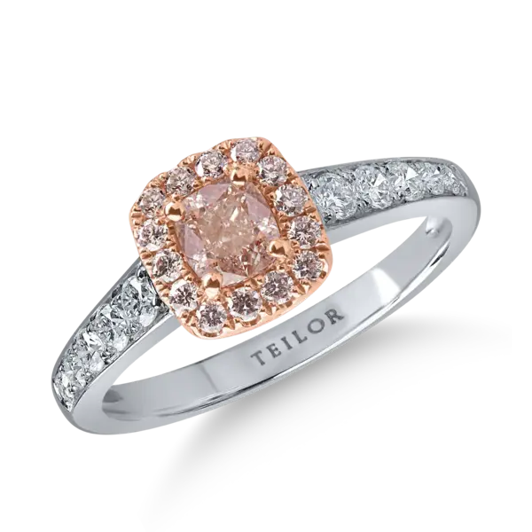 Inel din aur alb-roz cu diamante roz cushion si rotunde si diamante incolore de 0.97ct