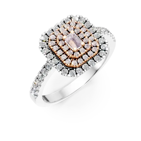 Inel din aur alb-roz cu diamante roz rectangulare si incolore de 0.8ct