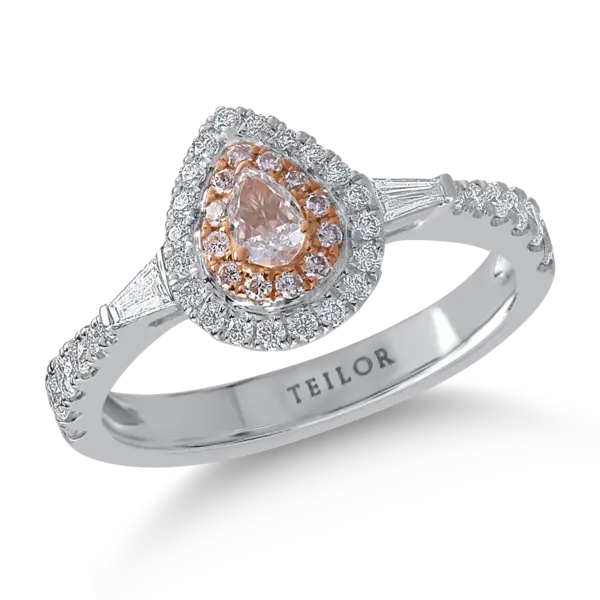 Inel din aur alb-roz cu diamante transparente baguette si rotunde de 0.5ct si diamante roz pear si rotunde de 0.25ct