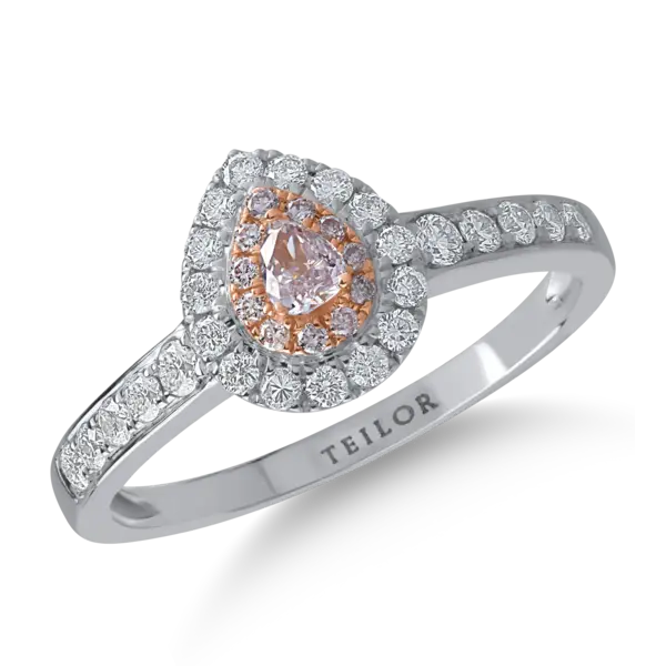 Inel din aur alb-roz cu diamante transparente de 0.35ct si diamante roz pear si rotunde de 0.16ct