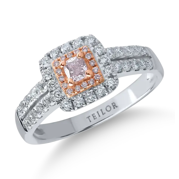 Inel din aur alb-roz cu diamante transparente de 0.49ct si diamante roz cushion si rotunde de 0.21ct
