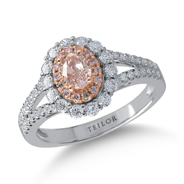 Inel din aur alb-roz cu diamante transparente de 0.59ct si diamante roz ovale si rotunde de 0.58ct