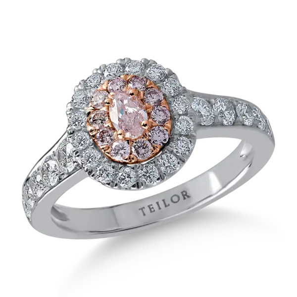 Inel din aur alb-roz cu diamante transparente de 0.76ct si diamante roz ovale si rotunde de 0.36ct