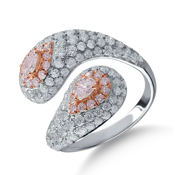 Inel din aur alb-roz cu diamante transparente de 2.09ct si diamante roz pear si rotunde de 0.59ct