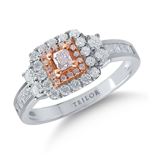Inel din aur alb-roz cu diamante transparente princess si rotunde de 0.71ct si diamante roz cushion si rotunde de 0.15ct