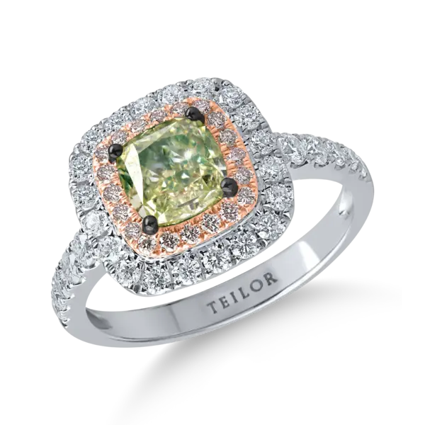Inel din aur alb-roz cu un diamant verde cushion de 1.5ct si diamante incolore de 0.7ct