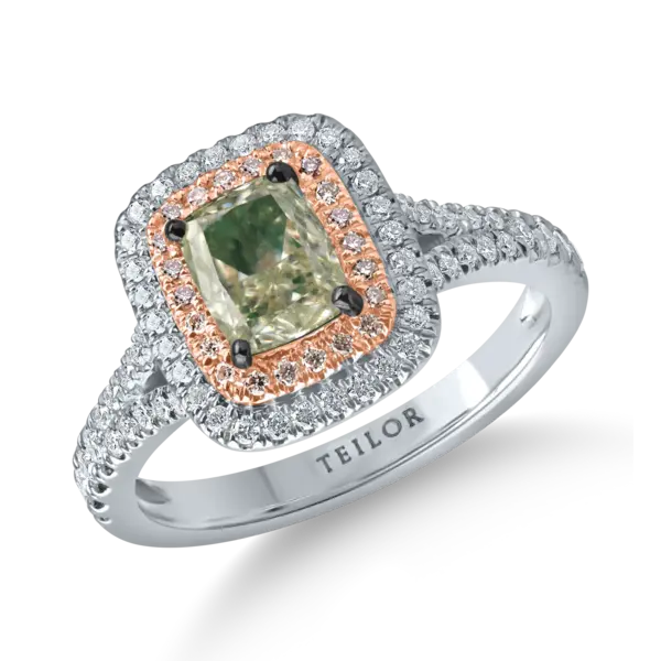 Inel din aur alb-roz cu un diamant verde rectangular de 1ct si diamante incolore de 0.4ct