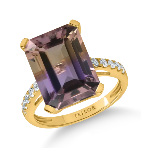 Inel din aur galben cu ametrin octogonal de 10.1ct si diamante de 0.1ct