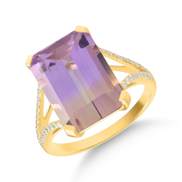 Inel din aur galben cu ametrin octogonal de7.4ct si diamante de 0.2ct
