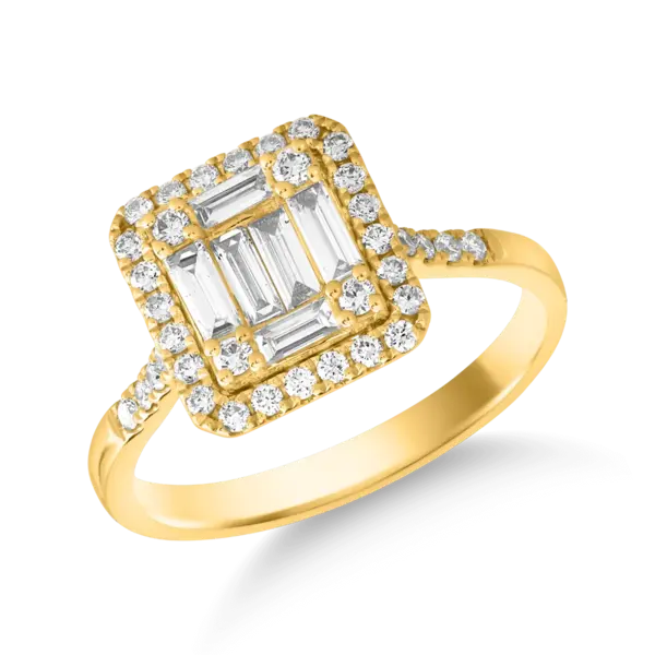 Inel din aur galben cu diamante baguette de 0.3ct si diamante de 0.3ct