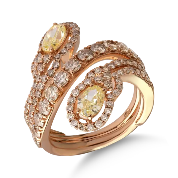 Inel din aur roz cu diamante fancy galbene ovale de 1ct si diamante maro de 1.9ct