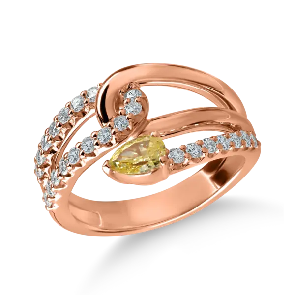 Inel din aur roz cu diamante fancy galbene pear si diamante incolore de 0.82ct