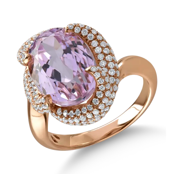 Inel din aur roz cu kunzit oval de 8.8ct si diamante de 1.07ct