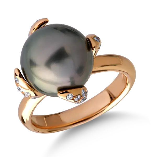 Inel din aur roz cu perla de cultura de 11.77ct si diamante de 0.36ct