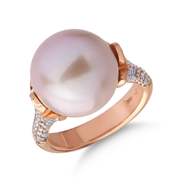 Inel din aur roz cu perla de cultura de 18.7ct si diamante de 0.83ct