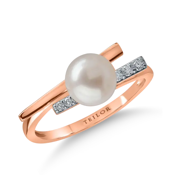 Inel din aur roz cu perla de cultura de 2.41ct si diamante de 0.06ct